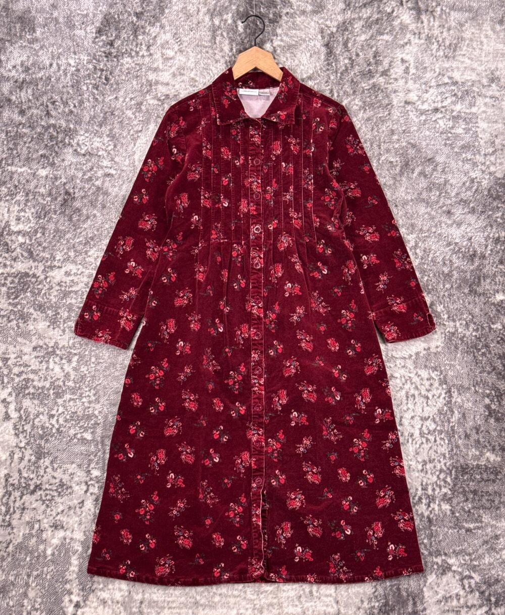 The Vermont Country Store Dress Medium Womens Red Corduroy Floral Cottagecore